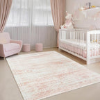 Washable Rugs 4x6 Area Rugs for Living Room,Bedroom,Kids Room,Nursery- Soft Faux Wool Small Carpets,Non Slip&Non-Shedding Low Pile Vintage Print Rugs for Enterway,Home Office Decor-Pink White