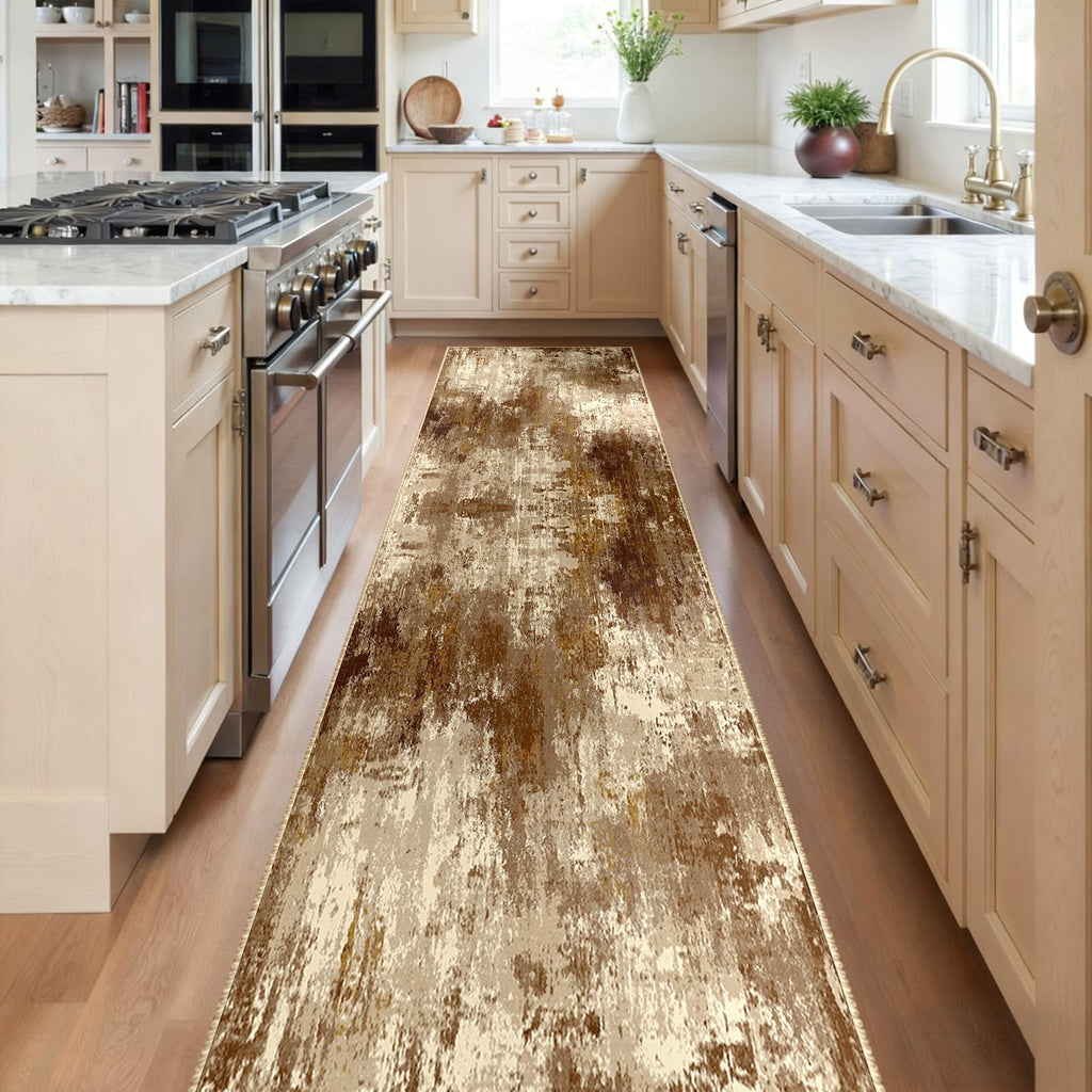 RELEANY Washable Runner 2'x8' Abstract Area Rug for Hallway Brown Tan
