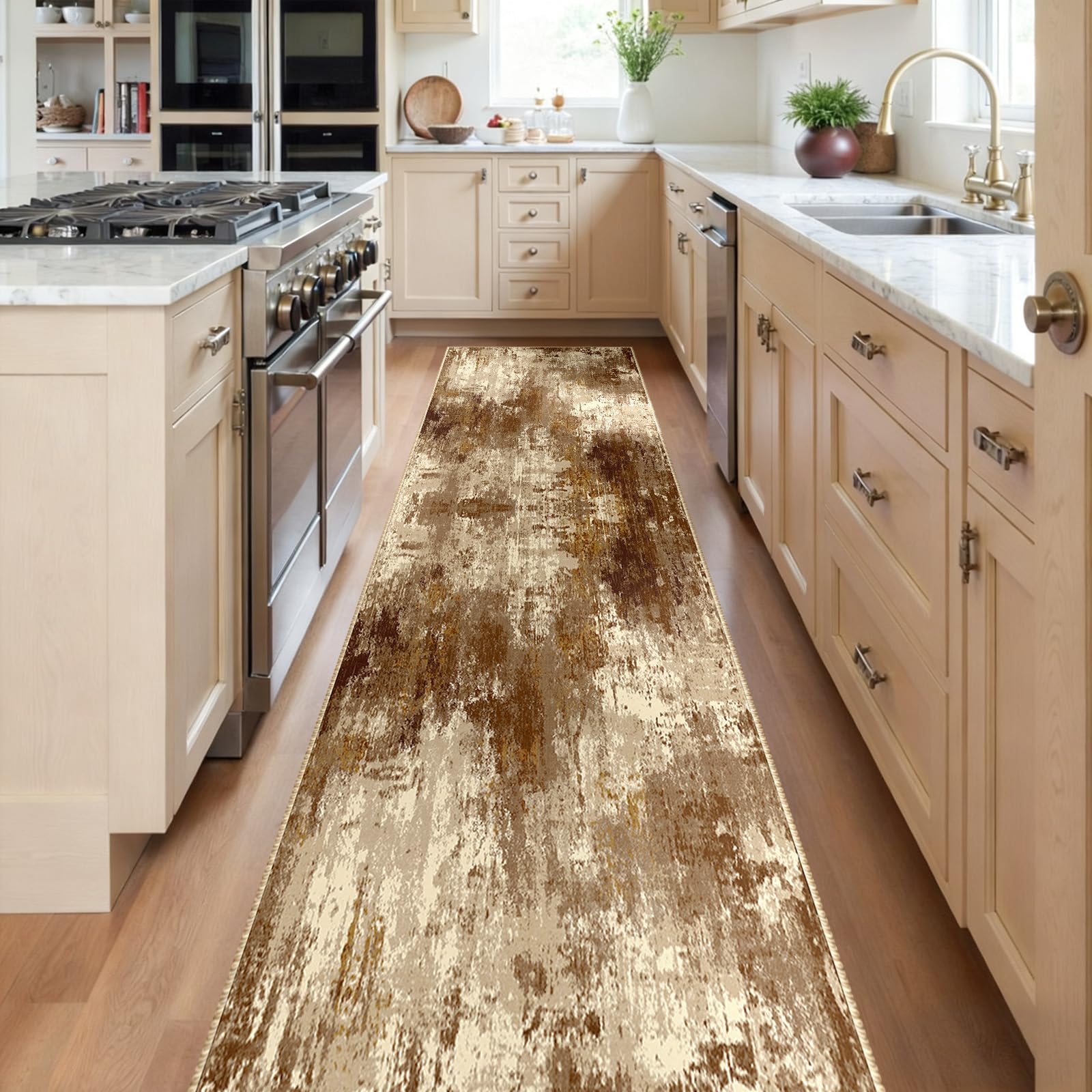 RELEANY Washable Runner 2'x8' Abstract Area Rug for Hallway Brown Tan