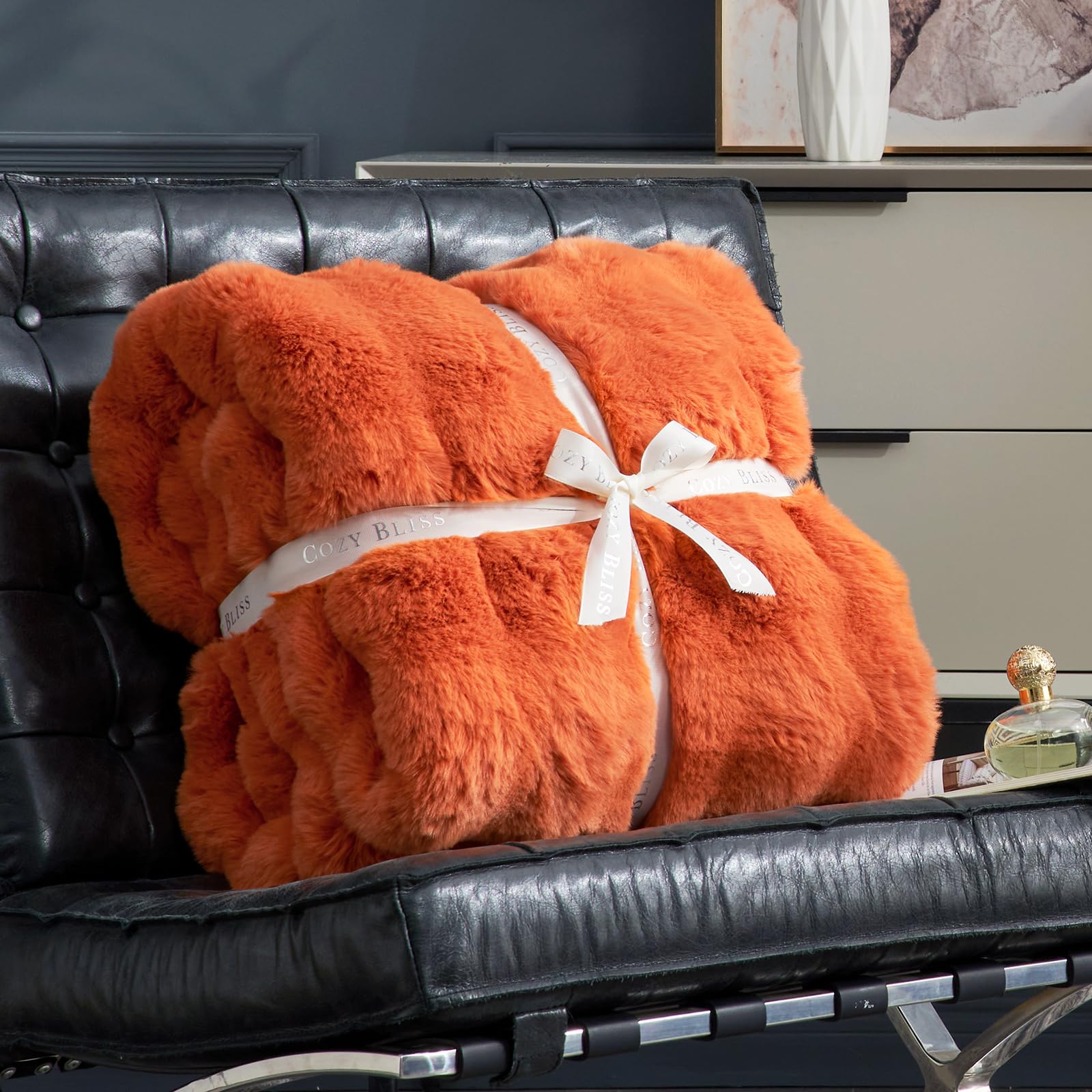 Cozy Bliss Faux Fur Throw Blanket for Couch, Fuzzy Soft Plush Thick Bubble Blanket for Sofa Bedroom Living Room, 50 * 60 Inches Halloween Burnt Orange