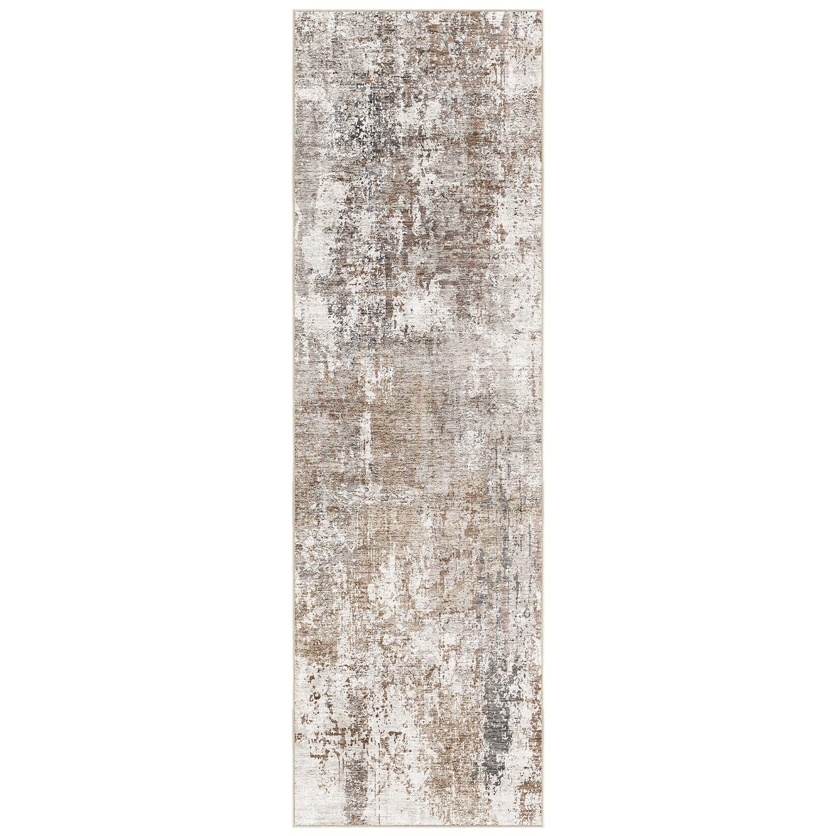 UERMEI 3x10 Washable Runner Rug for Hallway, Non Slip Low Pile Kitchen Carpet, Neutral Modern Abstract Indoor Floor Mat for Entryway Laundry, Kid & Pet Safe High Traffic Area, Brown/Grey/Red