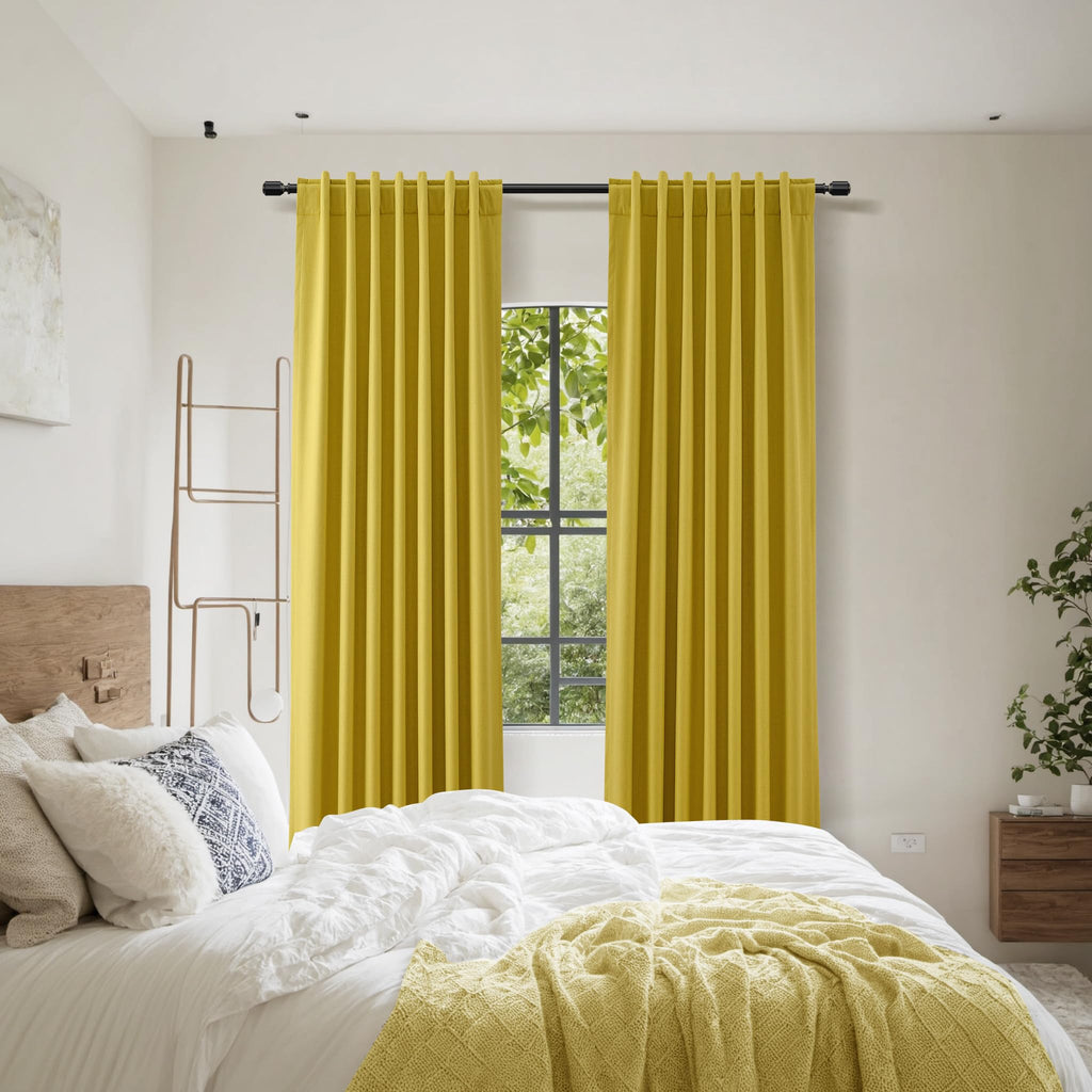 Guken 100% Blackout Curtains 84 Inch Length 2 Panels Set for Living Room Bedroom Back Tab Thermal Insulated Black Out Linen Drapes Room Darkening Celery Yellow,52x84