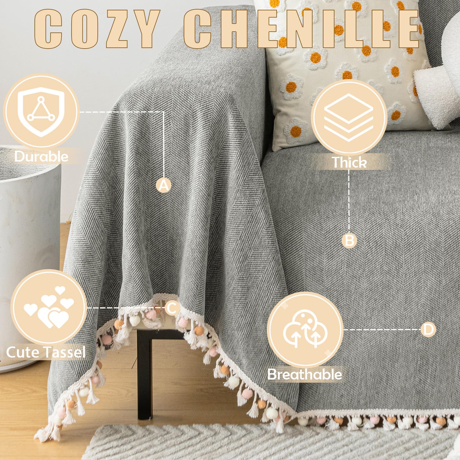 HANDONTIME Couch Slipcovers for Sofas Dark Grey Couch Cover Sofa Cover for Dogs Boho Pet Couch Protector with Tassel Sectional Throw Cover Chenille Herringbone Couch Cover for 3 Seat Sofa, 91" X150"