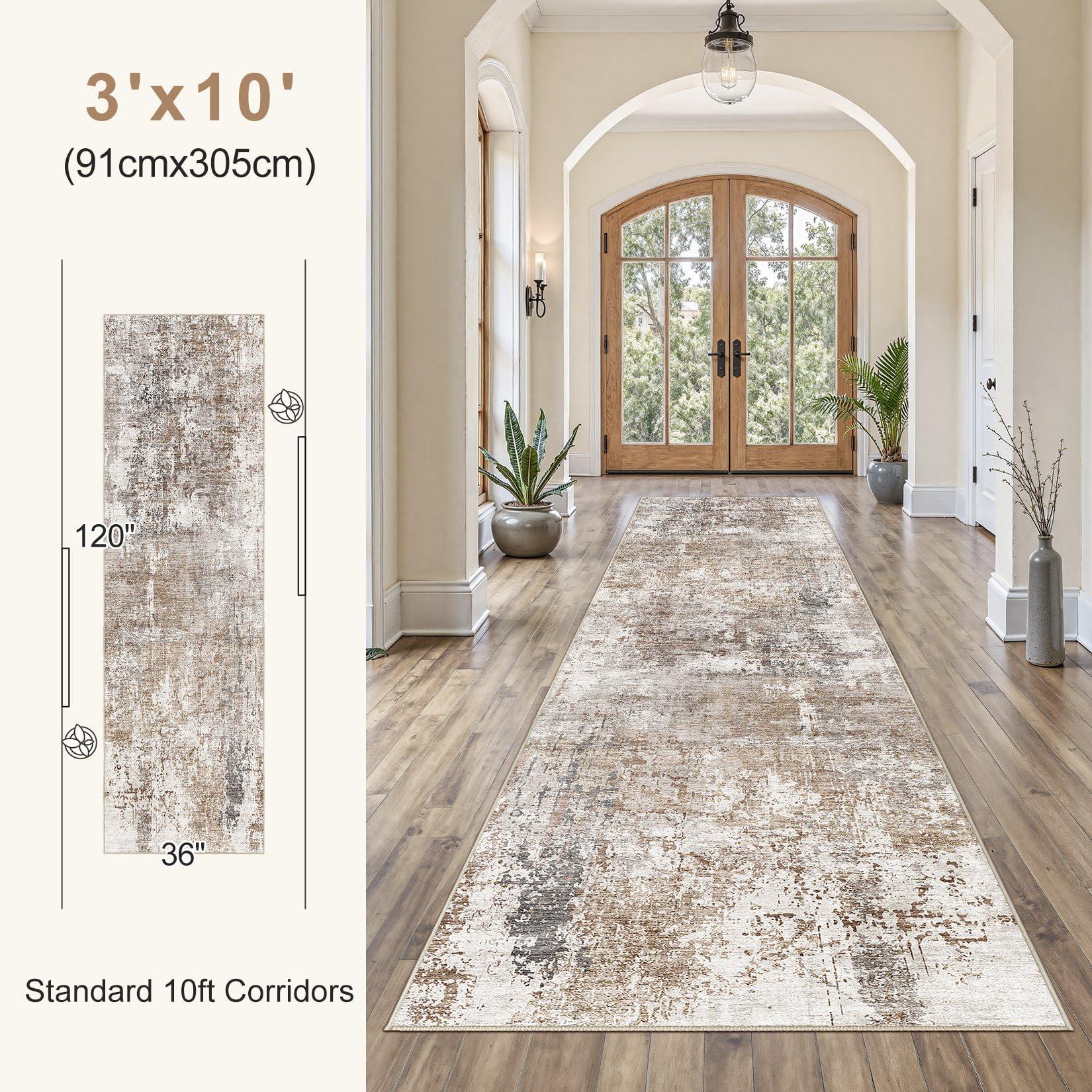 UERMEI 3x10 Washable Runner Rug for Hallway, Non Slip Low Pile Kitchen Carpet, Neutral Modern Abstract Indoor Floor Mat for Entryway Laundry, Kid & Pet Safe High Traffic Area, Brown/Grey/Red