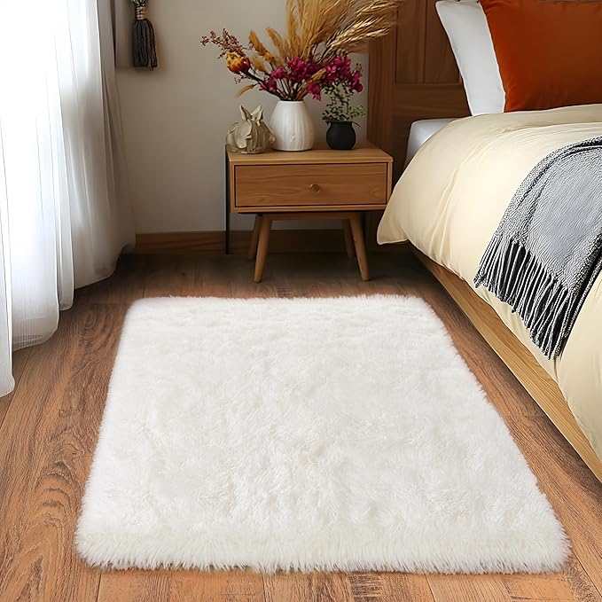 Quntue Small Area Rug, 2x3 Rug for Bedroom Shaggy Throw Rugs for Dorm Rug, Soft Shag Carpet for Kids Room, Plush Comfy Fluffy Bedside Rug for Home Decor Aesthetic, Cream White