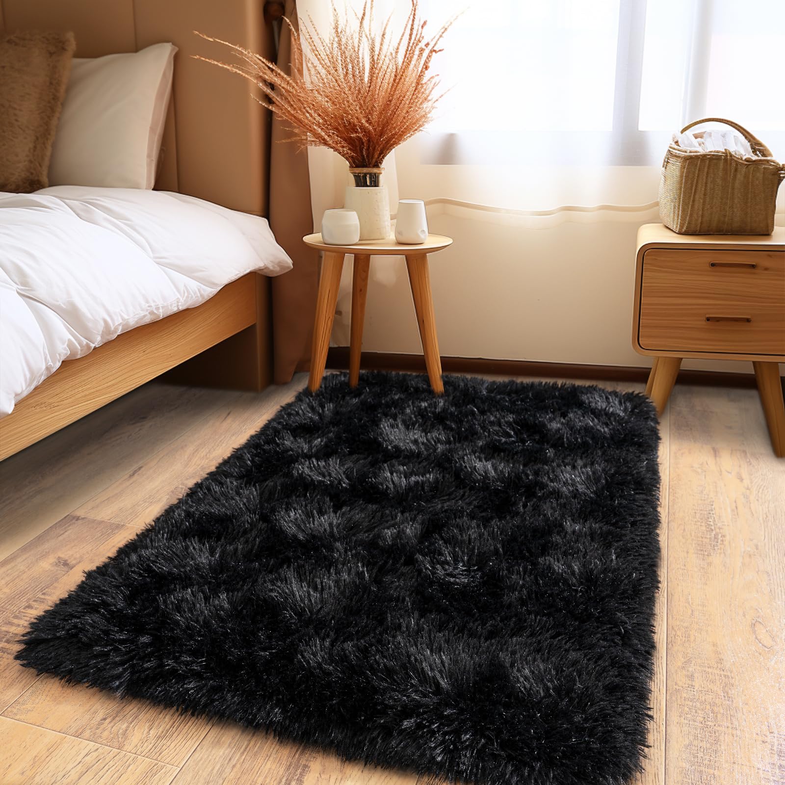Pionblank Fluffy Small Rug for Bedroom 2x3 Feet, Shag Soft Area Rug, Black