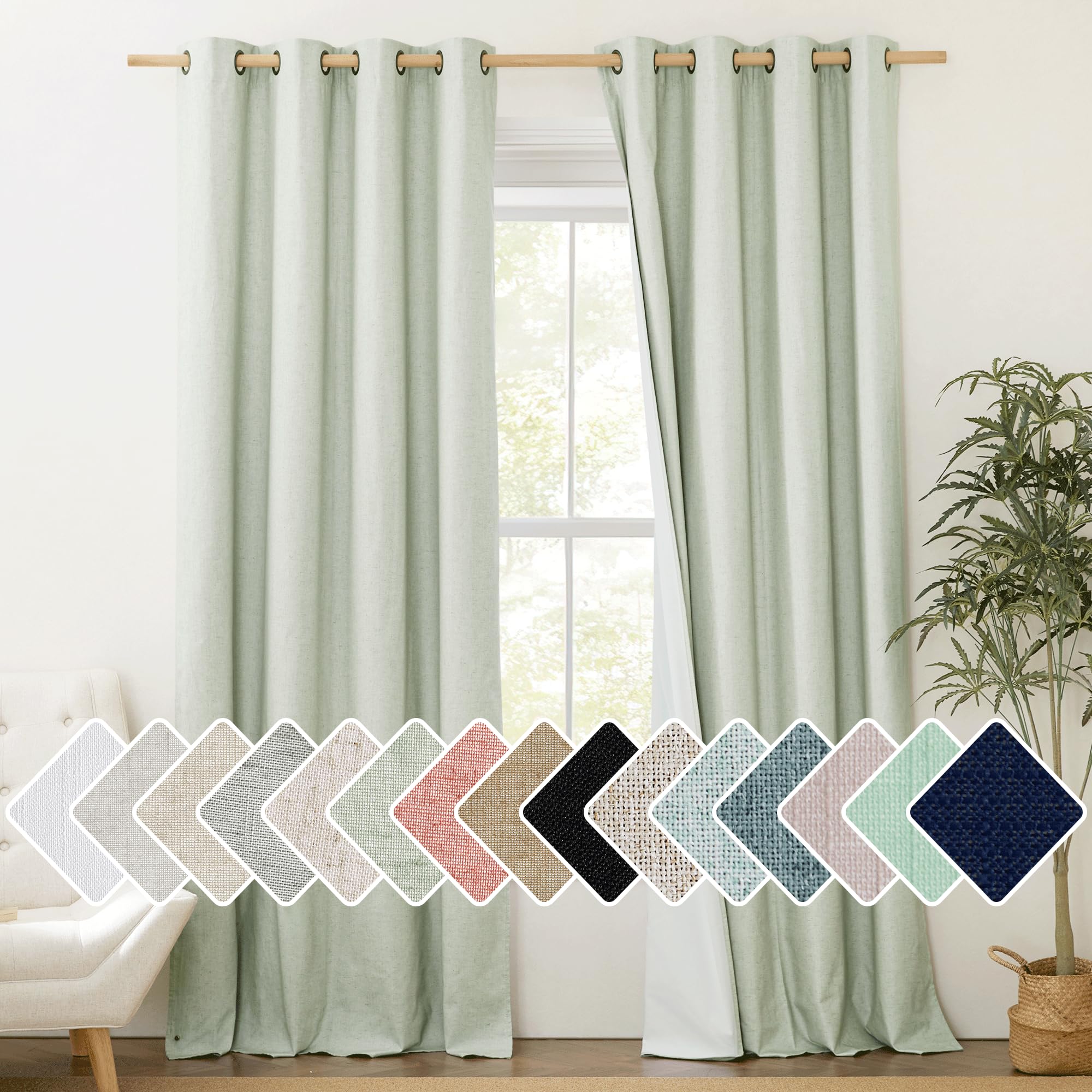 NICETOWN Cold Reducing Full Blackout Sage Green Linen Curtains 108 inches Length with Thermal Insulated Liners, 2 Panels, 52 inches W, Farmhouse Style Keep Warm Large Window Draperies for Hall