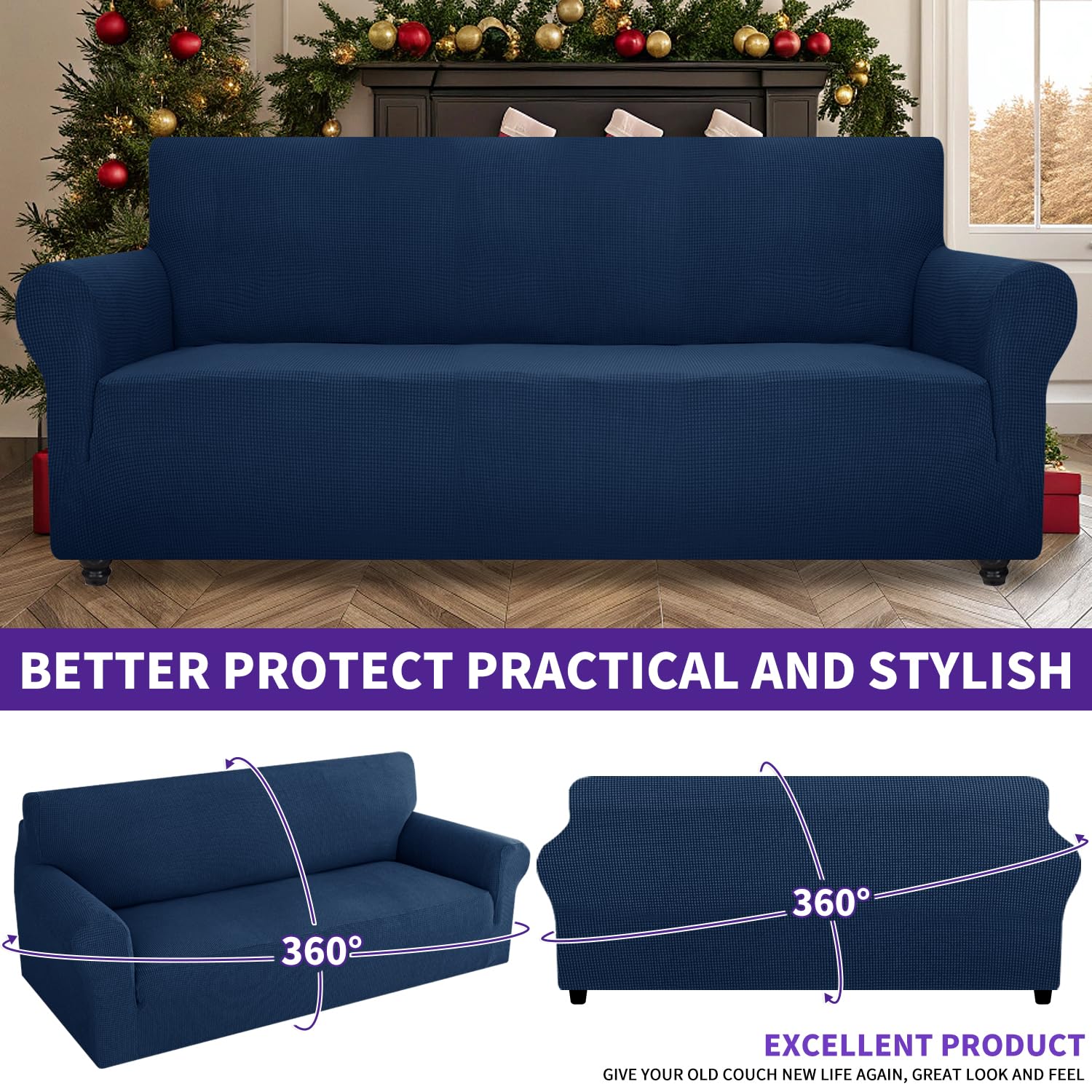 ZNSAYOTX Super Stretch Couch Cover (72"-92") Universal Sofa Covers with Elastic Bottom, Dog Cat Pets Friendly Washable Furniture Protector Fitted Sofa Slipcovers Stay in Place (Navy Blue, Sofa)