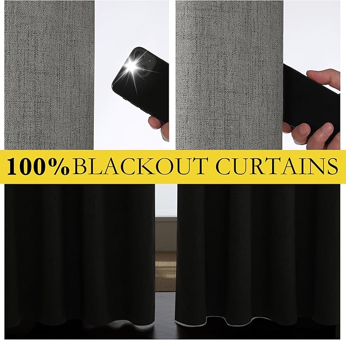 NICETOWN Grizzle Gray Vintage Linen 100% Blackout Curtains for Dining Room, Thermal Insulated Curtains 45" Long, Noise Reducing Window Treatment Drapes for Kitchen, 42" Wide Per Panel, Set of 2