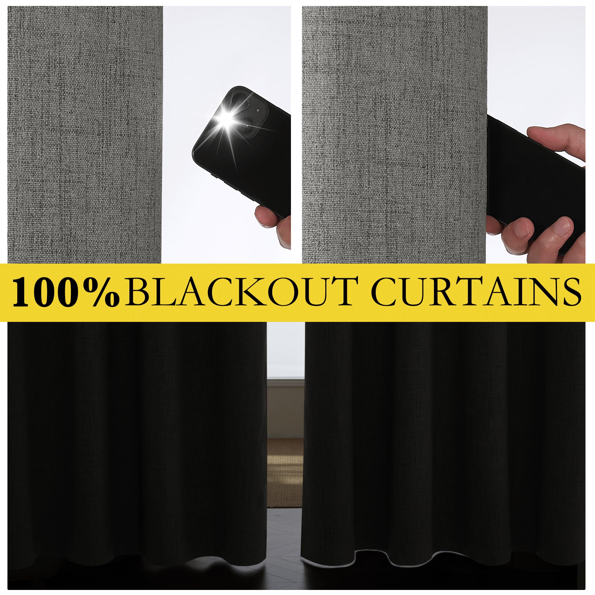 NICETOWN Grizzle Gray Vintage Linen 100% Blackout Curtains for Kitchen, Thermal Insulated Curtains 63" Long, Noise Reducing Window Treatment Drapes for Dorm Room, 62" Wide Per Panel, Set of 2
