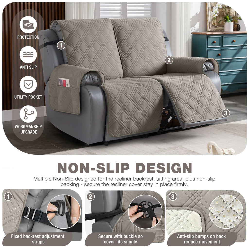 TAOCOCO 100% Waterproof Oversized Loveseat Recliner Cover, Non Slip Split Couch Covers for Reclining Loveseat with Elastic Straps for Kids Pets(Oversized 2 Seater, Light Browm)