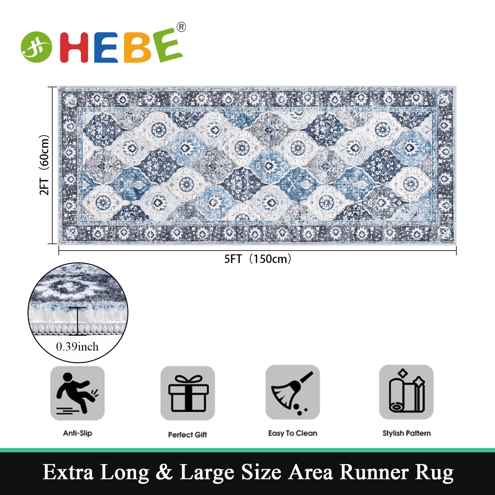 HEBE Hallway Runner Rug 2'x5', Washable Non Slip Kitchen Rug Runner