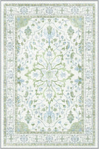 Area Rugs Round 8ft Washable Non-Slip, Floral Vintage Distress Print Pattern Medallion Carpet for Living Room Bedroom Dining Room, Green White Blue