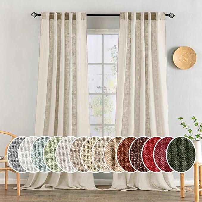 MIULEE Beige Linen Curtains 108 Inches Long 2 Panels for Bedroom Living Room, Soft Linen Textured Window Drapes Semi Sheer Light Filtering Back Tab Rod Pocket Farmhouse Modern Burlap Look Decor