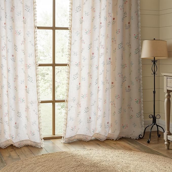 XOGUIBO Boho Floral Light Filtering Curtains 84 Inch 2 Panels Linen Texture