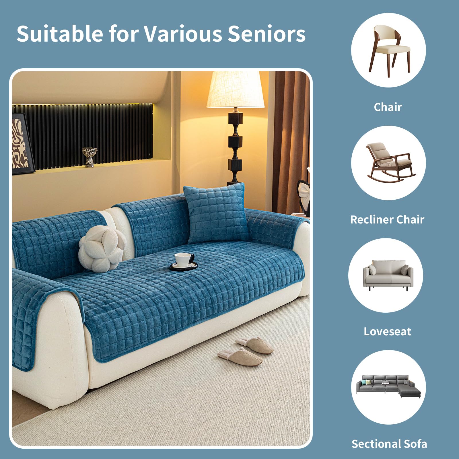 MDSASFD Velvet Couch Cover, Plush Sectional Sofa Cover Washable, Anti Slip Sofa Slipcover for Armrest & Backrest, Furniture Protector Covers for Pets & Kids(1PC, Blue, 35.4"×35.4", Single Seater)