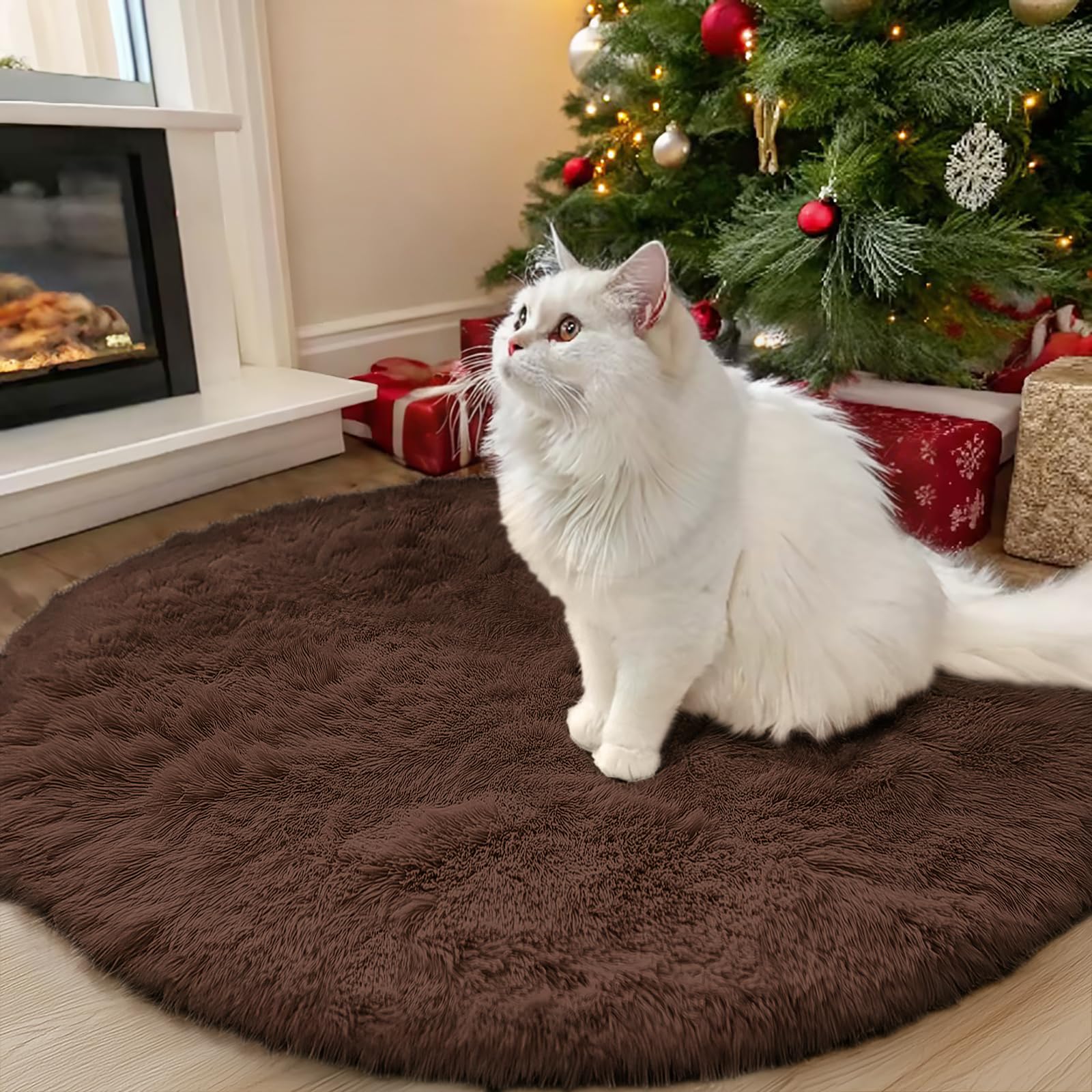 OLANLY Coffee Round Rugs for Bedroom - Machine Washable, 3 ft Circle Area Rugs for Living Room, Soft and Fluffy Shaggy Carpet for Teen Girls and Boys, Nursery Rooms, Dorms, Home Decor Aesthetic