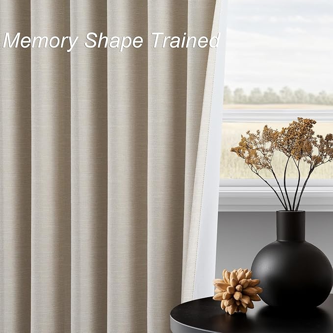 Topfinel 105 Inch Linen Blackout Curtains for Living Room, Modern Neutral Burlap Black Out Thermal Noise Cancelling Curtains，tan Tab Top Rod Pocket 2 Panels Set for Sliding Glass Doors Bay Window