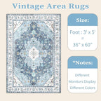 SERISSA Area Rug 3x5 Boho Blue Rugs for Bedroom, Washable Kitchen Rugs Non-Slip, Ultra Soft Print Distressed Vintage Entry Rug Low-Pile Throw Rug Carpet for Bedroom Nursery Living Room Dorm Decor