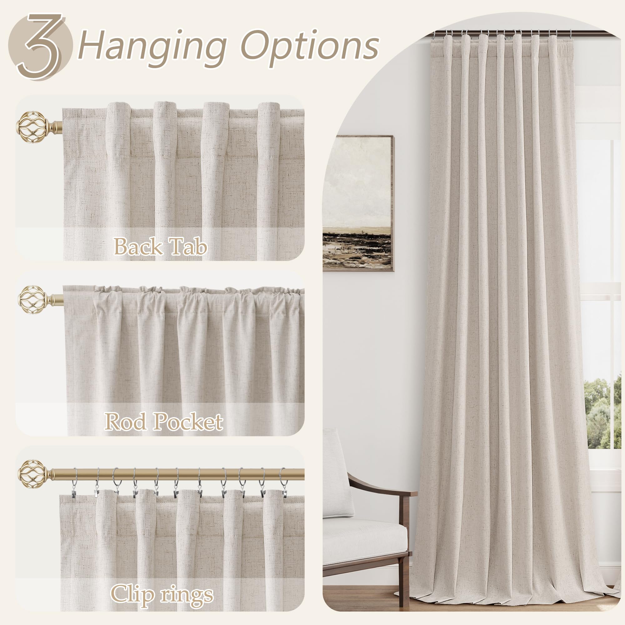 Guken 100% Blackout Curtains 90 Inch Length 2 Panels Set for Living Room Bedroom Back Tab Thermal Insulated Black Out Linen Drapes Room Darkening Window Curtains 90 Inches Long, Sand Beige