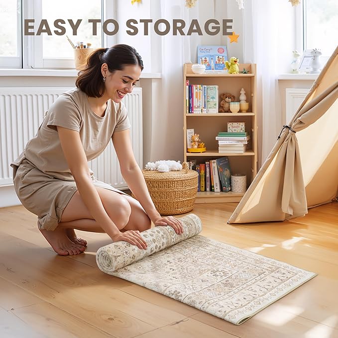 zesthome 8ft Round Rugs for Living Room, Non-Slip Washable Round Area Rugs, Ultra-Thin Large Circle Rugs, Soft Low Pile Rug for Bedroom, Kitchen - Vintage Stain Resistant Round Rug (Cream/Beige,8'x8')
