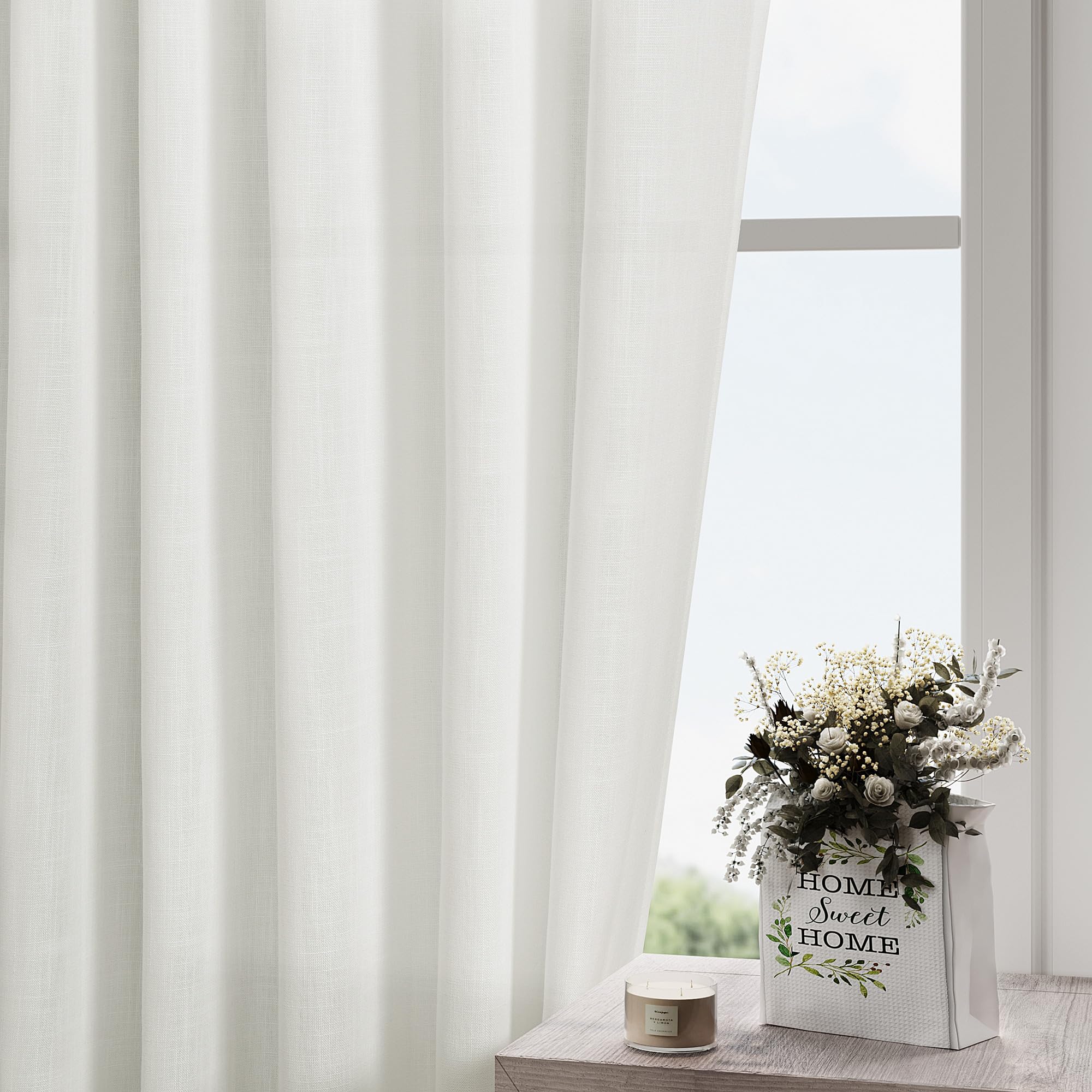 Off White Linen Curtains 80 inches Long for Bedroom Back Tab Light Filtering Privacy Sheer White Curtains Modern Farmhouse Coastal Decor White Cotton Textured Gauze Curtain 2 Panel Set 52x80