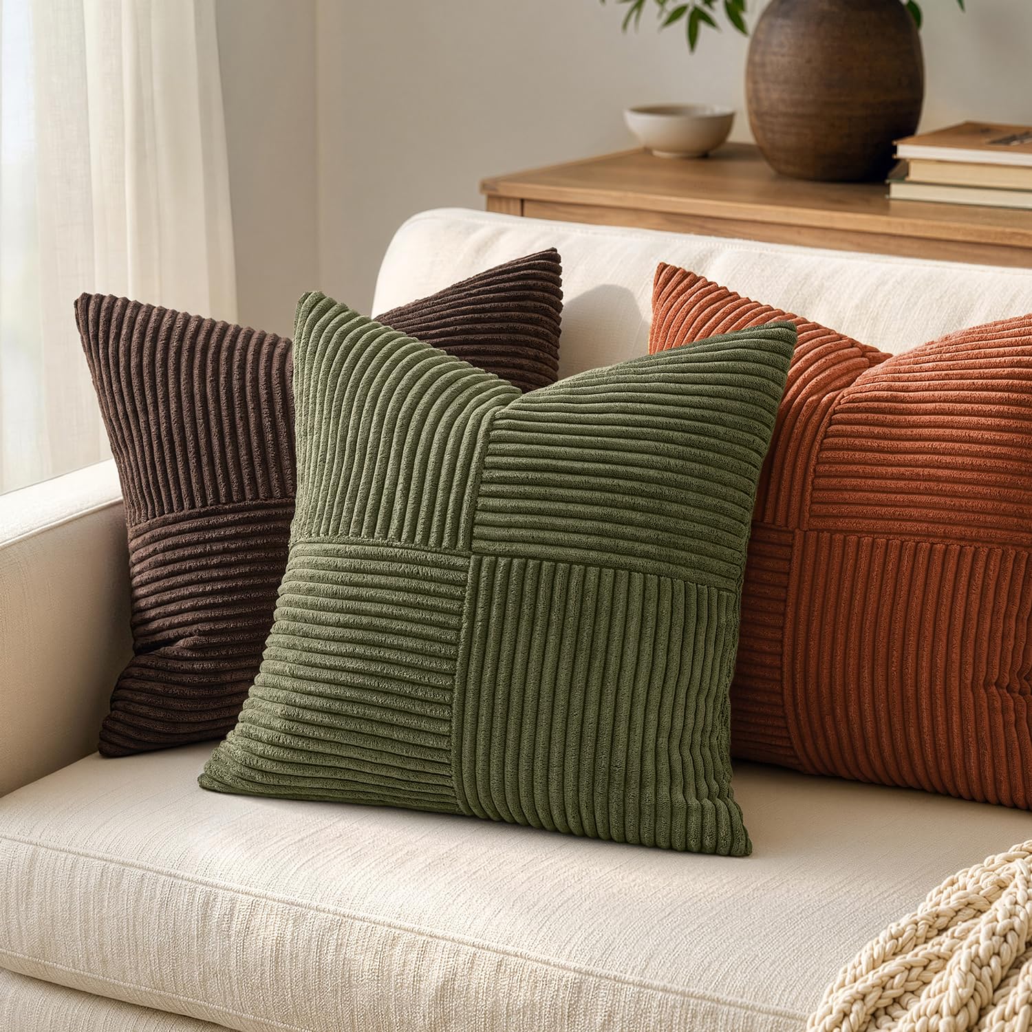 MIULEE Olive Green Decorative Euro Sham Pillow Covers 24x24 Inch for Bed Couch Sofa Spring Decor Pack of 2 Boho Farmhouse Throw Pillows Soft Cross Corduroy Patchwork Textured Cushion Cases