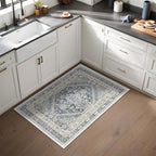 Entryway Rug - 2x3 Washable Rug Runner for Bathroom, Laundry Room, Kitchen, Soft Vintage Hallway Runner for Bedroom, Non-Slip Door Mat Indoor Entrance(Blue/Beige,2'x3')