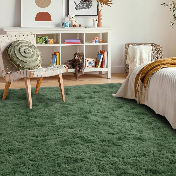 6x9 Ft Large Green Area Rug for Bedroom Living Room, Ultra Soft Fluffy Furry Rugs for Classroom Indoor Floor, Aesthetic Carpet for Kids Home Decor