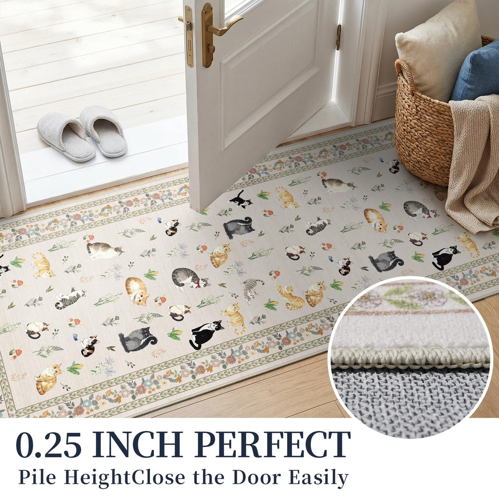 2x12 Washable Hallway Runner Rug: Long Floral Cat Print Soft Rug LightBeige