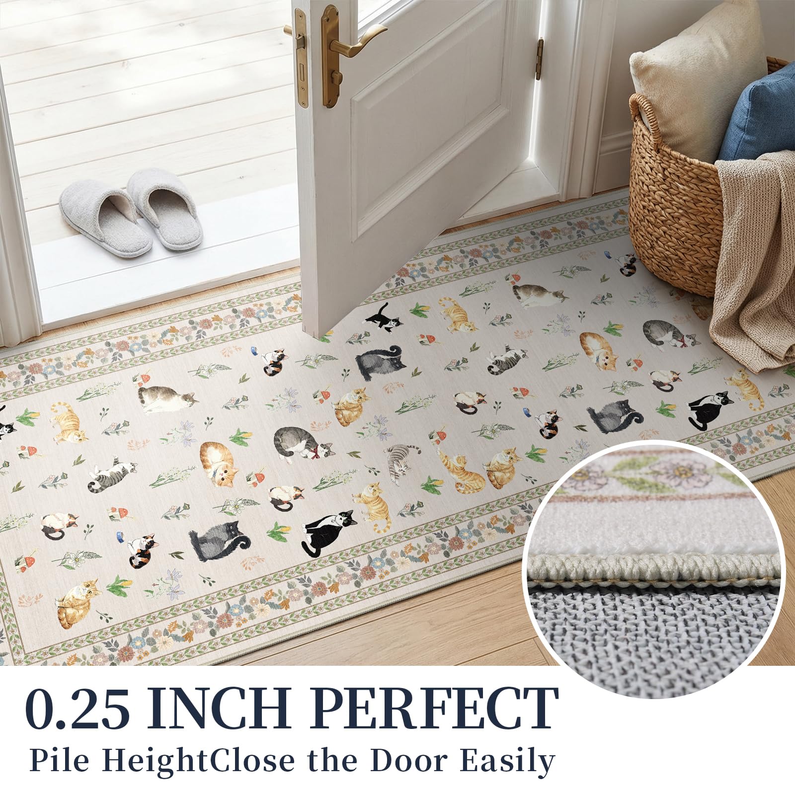 2x12 Washable Hallway Runner Rug: Long Floral Cat Print Soft Rug LightBeige