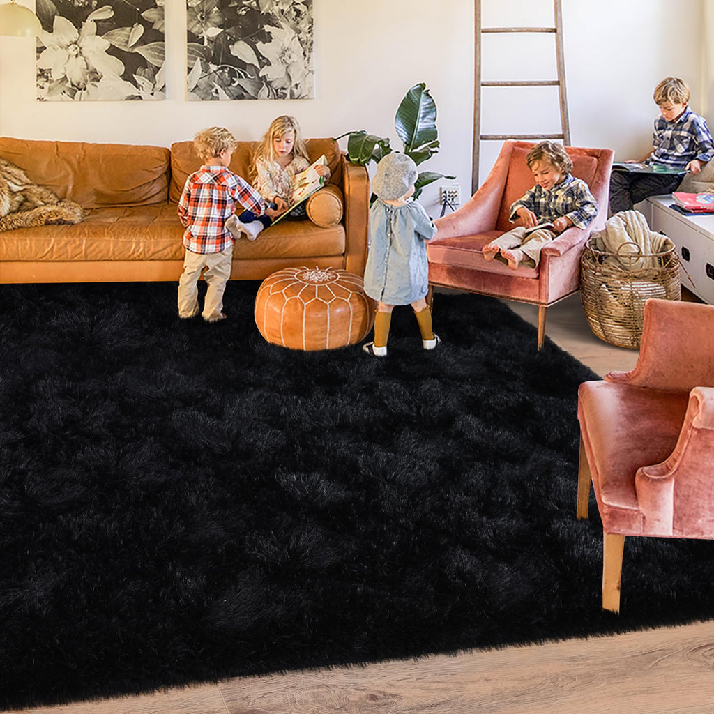 Quntue 8x10 Area Rugs for Living Room, Ultra Soft Large Shag Black Bedroom Rug Upgrade Non-Slip Plush Modern Fluffy Carpet for Kids Boys Girls Room Home Decor Aesthetic