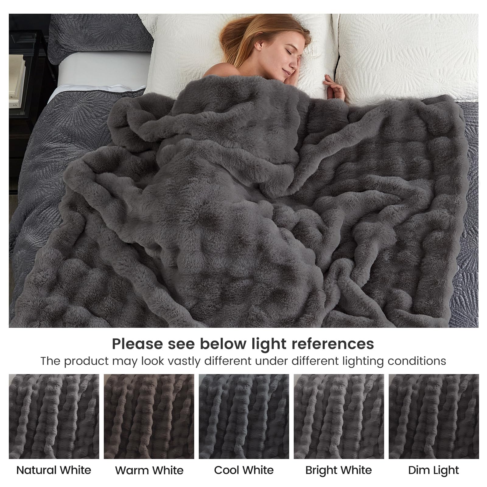 Cozy Bliss Faux Fur Bubble Throw for Couch, Fuzzy Soft Plush Thick Blanket for Sofa Bed Gift, 50x60 Inches Charcoal Grey