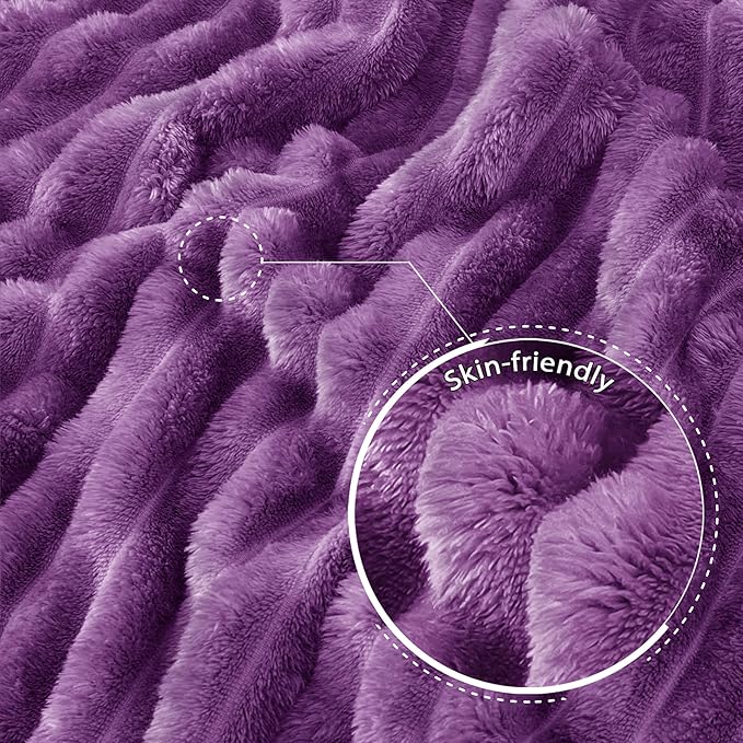 Exclusivo Mezcla Queen Size Flannel Fleece Blanket, Super Soft Striped Jacquard Bed Blanket, Lightweight Fuzzy Cozy for All Seasons, 90x90 Inches, Purple