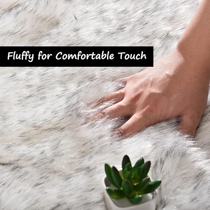 Goolela Faux Sheepskin Fur Rug 4x6 Fluffy Fuzzy Furry Carpet White with Grey Tips Shaggy Rug for Bedroom Living Room Bedside Plush Washable Sheepskin