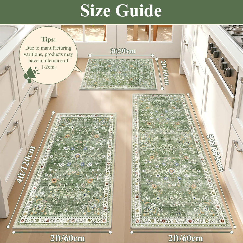 Yamaziot 2x3+2x4+2x5Ft Washable Kitchen Rug Set of 3 Non Slip, Sage Green