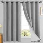 Yakamok Dove Grey Linen Curtains 100% Blackout 63 Inches Long,Room Darkening Textured Curtains for Living Room Thermal Grommet Bedroom Drapes 2 Panels with Greyish White Liner