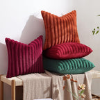 decorUhome Cozy Faux Fur Throw Pillow Covers 26x26 Set of 2 Decorative Soft Plush Striped Modern Farmhouse Boho Couch Euro Sham Pillow Cases with Velvet Back for Sofa Bed Living Room, Red