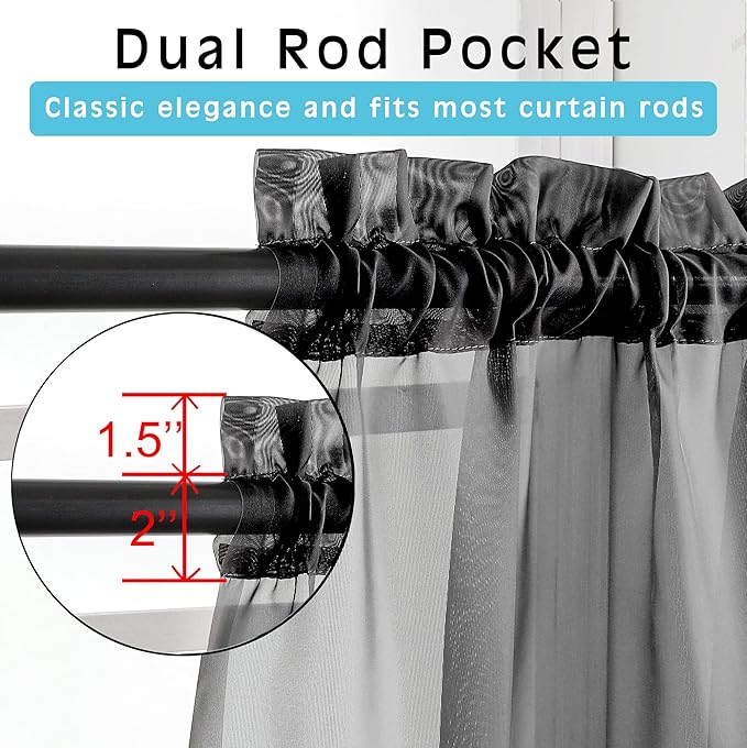 OVZME Black Sheer Curtains Dark Color Curtain Panels for Living Room, Light Reducing Sheer Curtains 108 inch Length 2 Panels Set Rod Pocket Window Panels
