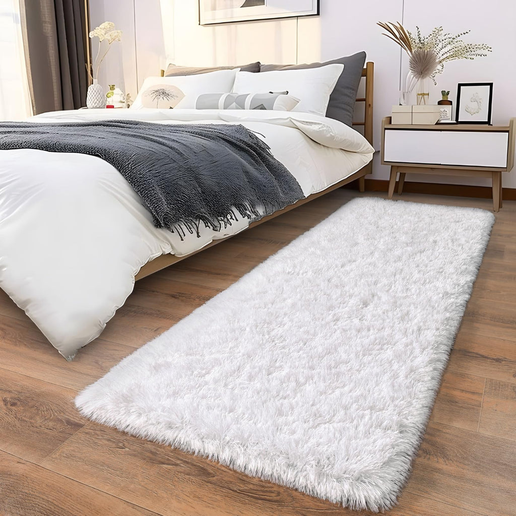 Ailyei Soft Runner Rugs for Bedroom Hallways, 2x6 White Fluffy Shag Throw Area Rug Non Slip for Bedside Dorm, Long Shaggy Furry Carpet for Nursery Living Room