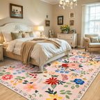 Area Rugs 9x12 Living Room: Floral Washable Rug Vintage Large Soft Boho Non-Slip Carpet Indoor Floor Stain Resistant Low Pile Carpets for Bedroom Dining Room Farmhouse Nursery Home Office Dark Beige