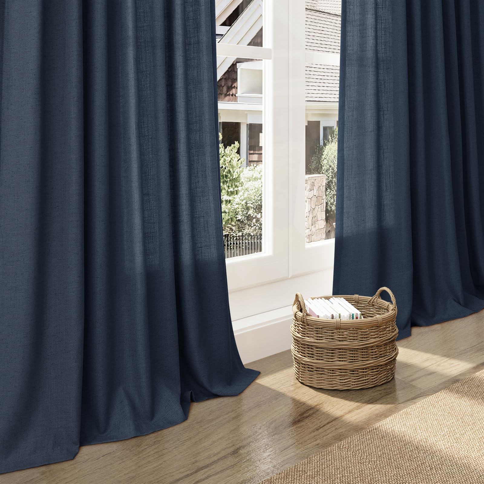 Nanspring Vintage Blue Linen Curtains 96 Inches Long 2 Panels Set for Living Room Bedroom Back Tab Rod Pocket Semi Sheer Light Filtering Drape for Bedroom Vintage Country Decor Protect Privacy 52x96