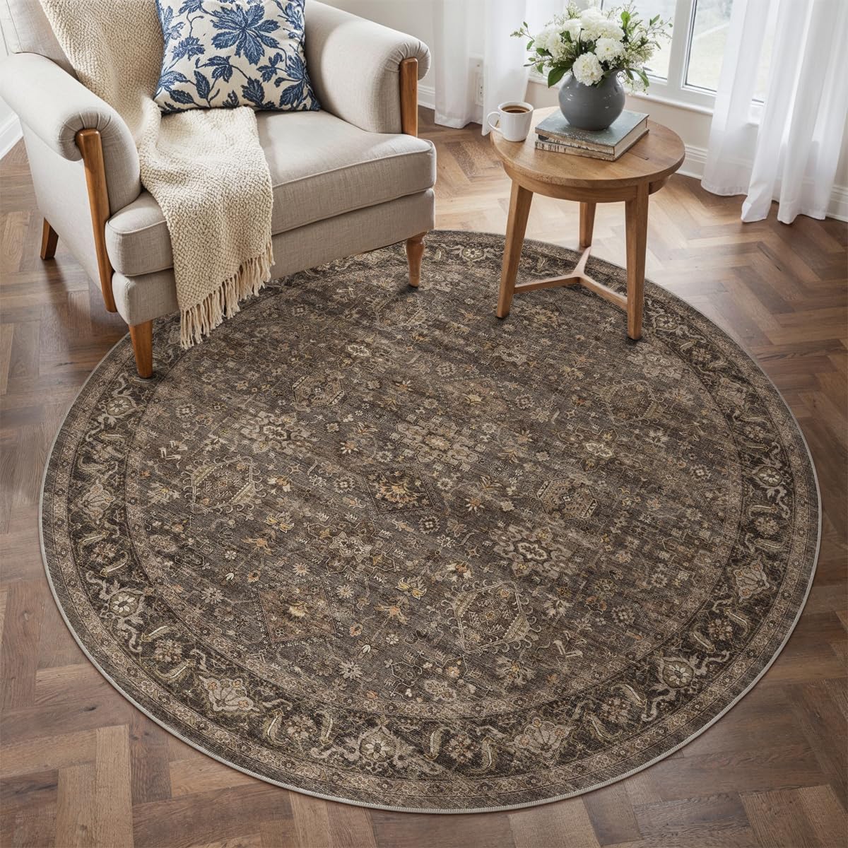WondRg 3x3 Dark Brown Vintage Round Rug