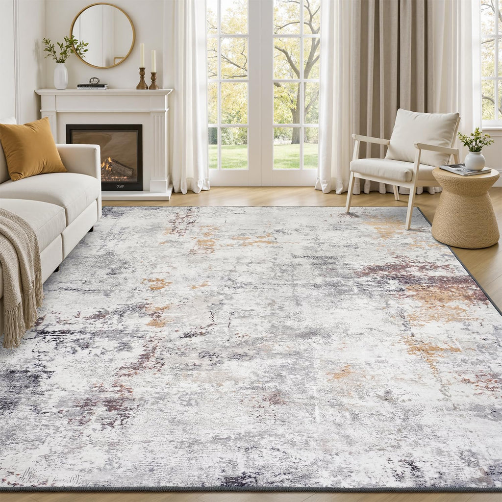Rugflix 9x12 Area Rugs for Living Room, Washable Beige Grey Large Rug