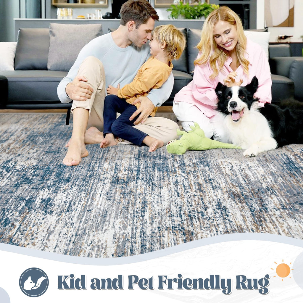 XLUEZ 9x12 Area Rug for Living Room, Washable Modern Abstract Large Area Rug Neutral Soft Non Slip Kids Rug Stain Resistant Indoor Carpet for Bedroom Dining Room Playroom Office(BlueWhite, 9'x12')