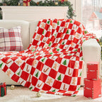 BEDELITE Christmas Throw Blanket – Red and White Checkered Holiday Blanket with Gingerbread Man, Candy Cane & Christmas Tree Pattern, Soft Warm Fleece Christmas Blanket for Home Décor & Gift, 50"x60"