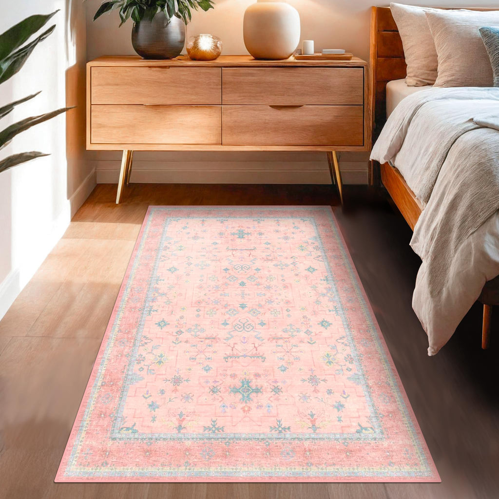 Hazo Haus Nursery Area Rug 4x6 - Pink Rugs for Girls Bedroom, Living Room - Washable Low Pile Non-Slip Charming Boho Vintage Traditional Oushak Design, Perfect for Kids Rooms