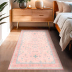 Hazo Haus Nursery Area Rug 4x6 - Pink Rugs for Girls Bedroom, Living Room - Washable Low Pile Non-Slip Charming Boho Vintage Traditional Oushak Design, Perfect for Kids Rooms