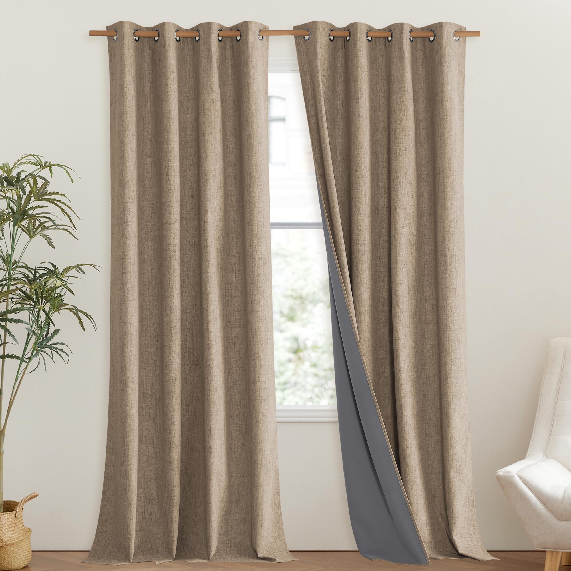 NICETOWN Burlap Vintage Open Linen Weave Flax Thermal Curtains, 100% Blackout Curtains 108" Long for Dining Room, Soundproof Window Treatment Drapes for Hall Room, 52" Wide Per Panel, Set of 2