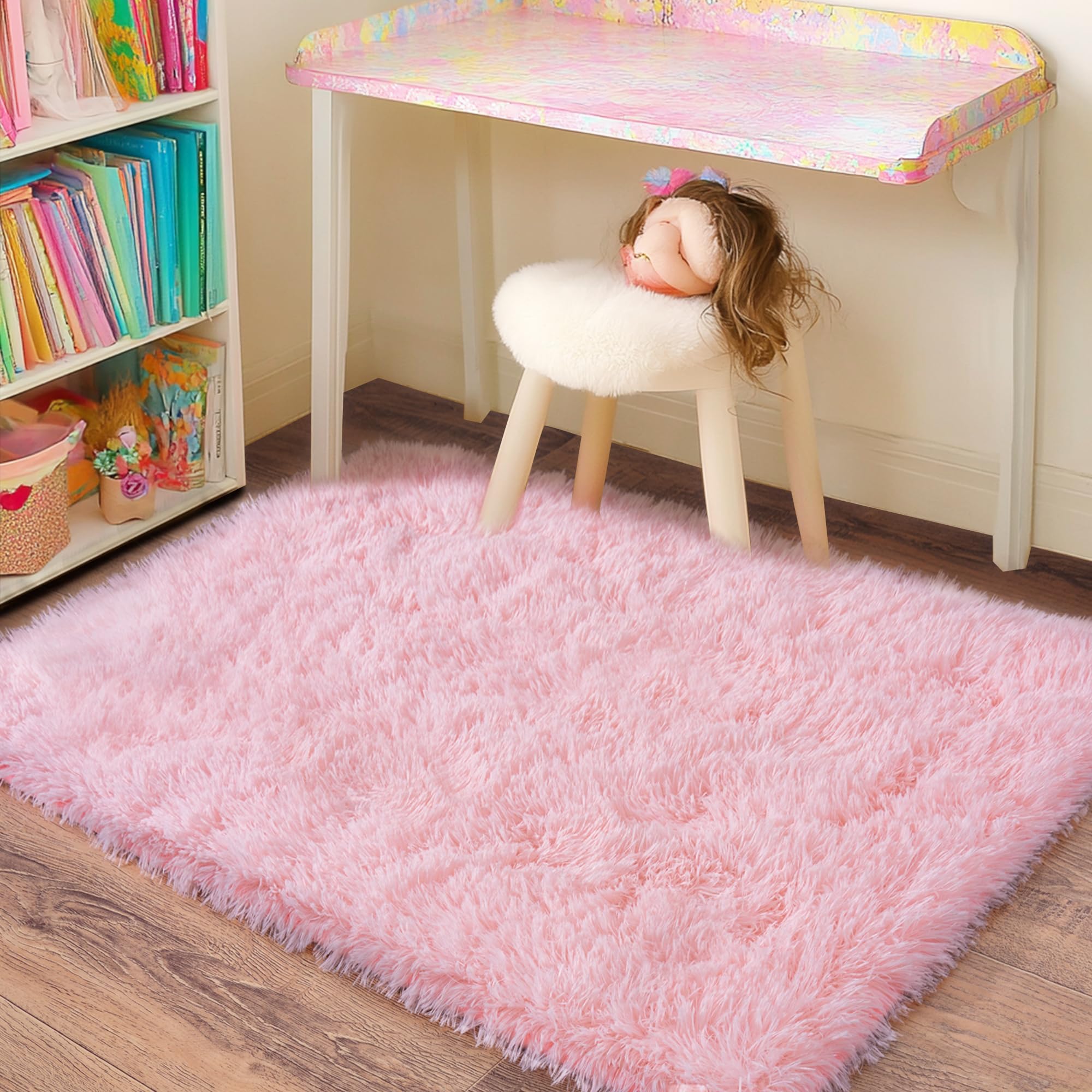 Quntue Small Area Rug, 2x3 Pink Rug for Bedroom Shaggy Throw Rugs for Girls Room, Soft Carpet for Kids Room, Plush Non-Slip Fluffy Bedside Rug for Living Room Nursery Dorm Home Decor